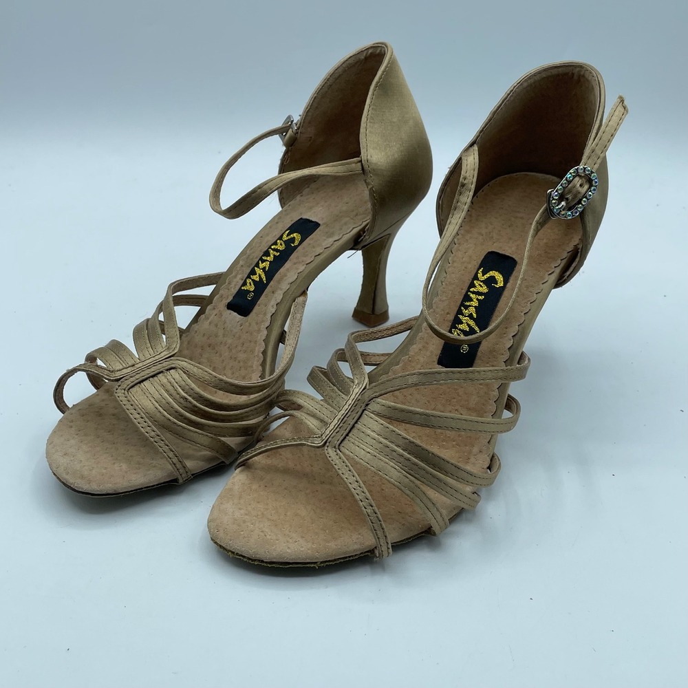 Sansha Celia Tan Satin Ballroom Dance Shoes Rhinestone Buckle 2.5 Flare Heel